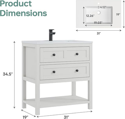 30 Inch Bathroom Vanity with Sink, White | Farmhouse Storage Cabinet with SMC Integrated Sink, Drawers & Open Storage Shelf, Easy Assembly & Adjustable Feet