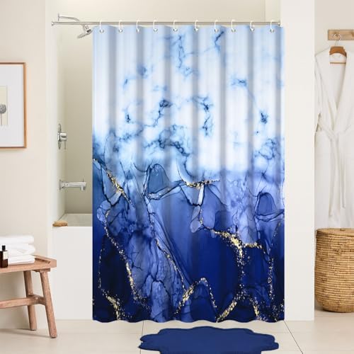Navy Blue Marble RV Stall Waterproof Shower Curtain 60x72 inches