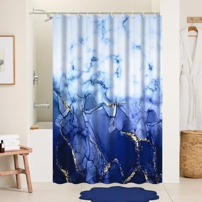 Navy Blue Marble RV Stall Waterproof Shower Curtain 60x72 inches