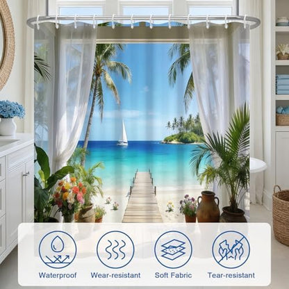 Summer Seaside Shower Curtain Set with Hooks, Tropical Ocean Scenery Weighted-Bottom Fabric Shower Curtains for Bathroom, Waterproof Machine Washable Coastal Shower Curtain, 72x72 Inch