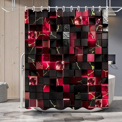LQCOOL 4Pcs Black and Red Shower Curtain Set 3D Cubes Bathroom Sets Modern Shower Curtain Set for Bathroom Sets with Rugs and 12 Hooks