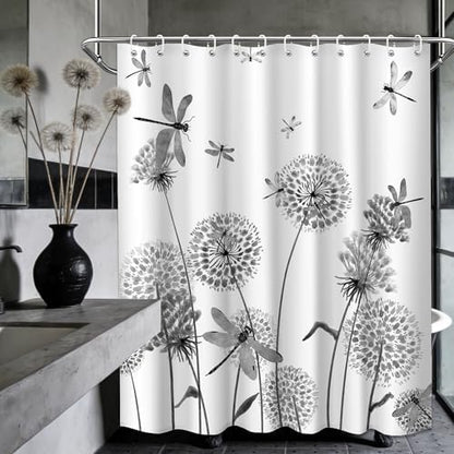 Light Grey Dandelion Shower Curtain Spring Dragonfly Charcoal Gray White Watercolor Shower Curtains for Bathroom Decor, Waterproof Cloth Fabric with Hooks 70" Wx72 L