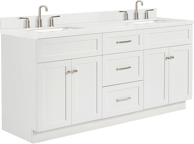 ARIEL Hamlet 72-inch Bathroom Vanity with Sink,Solid Wood, 1.5-inch Carrara White Quartz Countertop & Backsplash, Double Rectangular Porcelain Sink, 4 Soft Closing Doors, 3 Dovetail Drawers, White