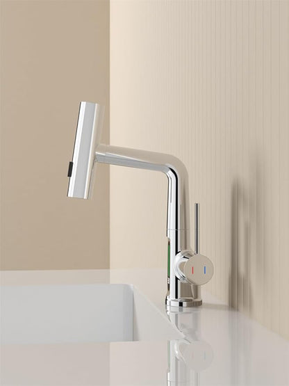 Bathroom Single Handle One Hole Basin Sink Pull Out Faucet with Waterfall Sprayer Temperature Digital Display Vanity Mixer Tap Pull-Down Spray Head Chrome