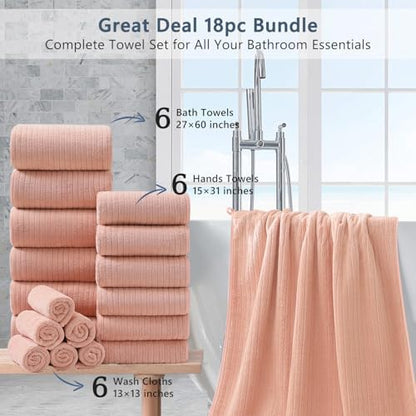 18 Piece Bath Towels Set,Super Soft Family Bathroom Towel Set with Hanging Loops-6 Bath Towels,6 Hand Towels,6 Washcloths,Highly Absorbent Quick Dry Shower Towel for Bathroom,Hotel,Spa-Blush Towel Set