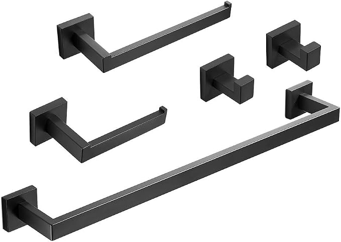 Bathroom Hardware Set Matte Black 23.6-Inch Towel Bar,2pcs Towel Hook,Toilet Paper Holder,Hand Towel Holder Stainless Steel Bathroom Accessories GTS3190B…