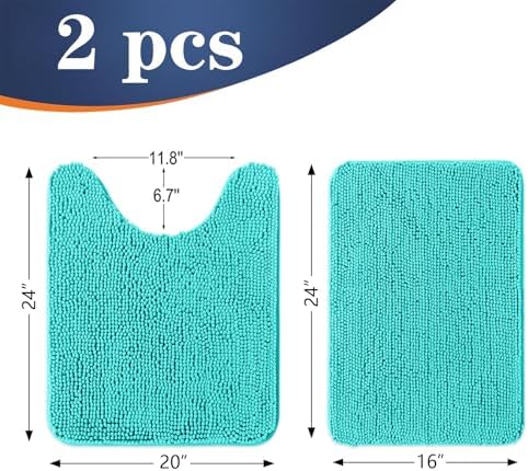 OLANLY Chenille Bathroom Rugs Mats Sets 2 Piece, 24"x16"+24"x20", Teal
