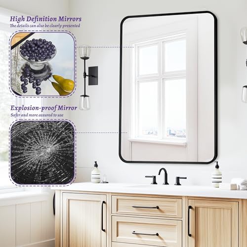 Antok 22x30 Black Metal Framed Bathroom Mirror, Wall Mirror with Round Corners, Vanity Mirror for Over Sink, Anti-Rust Tempered Glass, Horizontal/Vertical Hanging for Bathroom, Living Room, Entryway