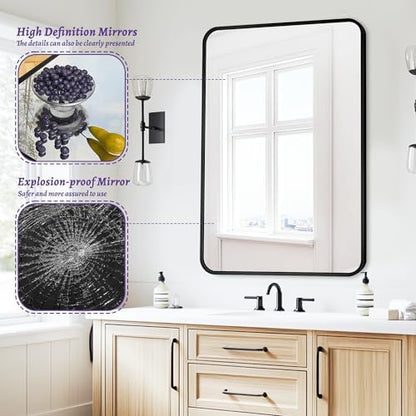 Antok 22x30 Black Metal Framed Bathroom Mirror, Wall Mirror with Round Corners, Vanity Mirror for Over Sink, Anti-Rust Tempered Glass, Horizontal/Vertical Hanging for Bathroom, Living Room, Entryway