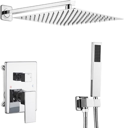 Polished Chrome Shower System 12 Inch Bathroom Luxury Rain Mixer Shower Combo Set Wall Mounted Rainfall Shower Head and Handheld System Shower Faucet Set Rough-in Valve Body and Trim Kit