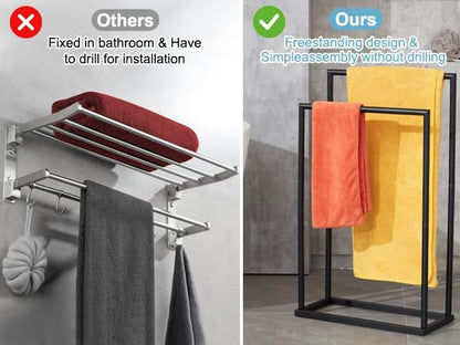 Free Standing Towel Rack, 2 Tier Towel Racks for Bathroom with Storage Shelves, Modern Outdoor Standing Towel Drying Rack for Poolside, Black Blanket Rack Holder, DECLUTTR