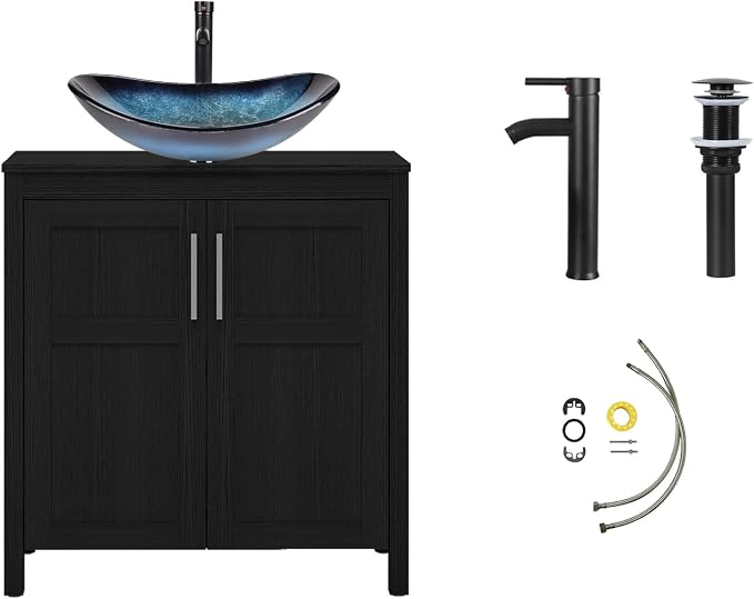 YOURLITE 30" Bathroom Vanity with Sink, Black Bathroom Vanity and Sink Combo with Faucet & Pop Up Drain Set,Traditional Vanity with Blue Glass Bowl Bathroom Sink