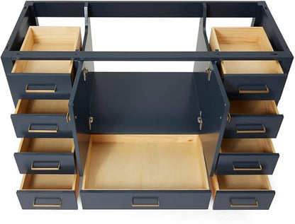 ARIEL Cambridge 54-inch Bathroom Vanity Base Cabinet,Solid Wood, 2 Soft Closing Doors, 9 Dovetail Drawers, Midnight Blue