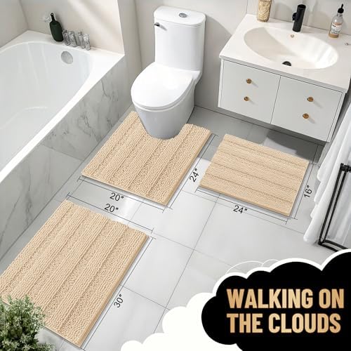 OLANLY Thick Large Bathroom Rugs 59x35, Soft Chenille Bath Rugs, Beige