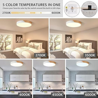 Vikaey Modern Dimmable Wood Ceiling Light, Minimalist LED 5CCT 2700K-6000K Flush Mount Ceiling Light Fixture, Round Lighting Lamp for Bedroom Living Room Dining Room Laundry, White, 15.8"