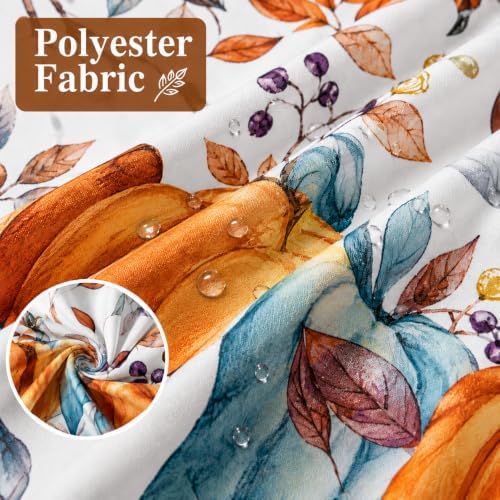 Fall Shower Curtains for Bathroom, Thanksgiving Pumpkins Autumn Leaves Shower Curtain Set with Hooks, Blue Orange Waterproof Fabric Fall Bathroom Decor Accessories, 72 x 72 Inch