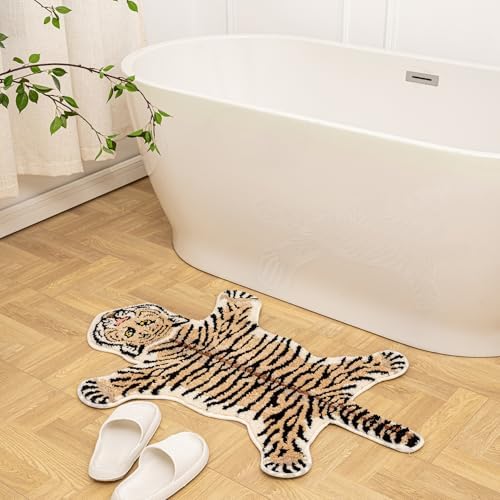 Cartoon Tiger Bath Mat Non-Slip Absorbent Rugs Brown 39.3x25.5in