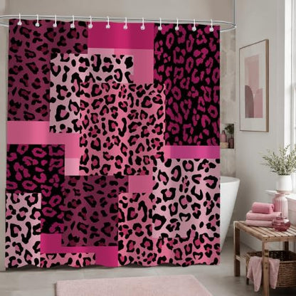 Pink Leopard Shower Curtain, Animal Print Patchwork, 72 x 72
