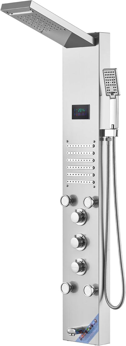 VEVOR Shower Panel Tower System, 6 Shower Modes, LED & Screen Hydroelectricity Shower Panel, Rainfall, Waterfall, 5 Massage Jets, Tub Spout, Handheld Shower, Stainless Steel Wall-Mounted Shower Set