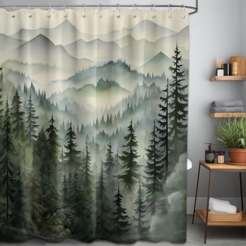 Sage Green Forest Extra Long Shower Curtain, Tall 72X84 in, Mountain