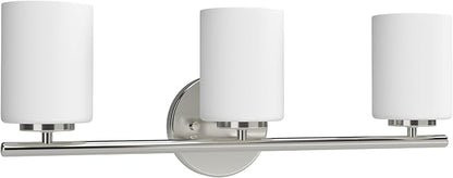 Replay Collection 3-Light Etched White Glass Modern Bath Vanity Light Brushed Nickel