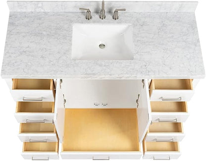 DKB Beckford 54-Inch White Bathroom Vanity with Sink, 1.5" Edge Italian Carrara Marble Countertop & Backsplash, Center Rectangular Sink, 2 Soft Closing Doors, 9 Dovetail Drawers, Brushed Nickel