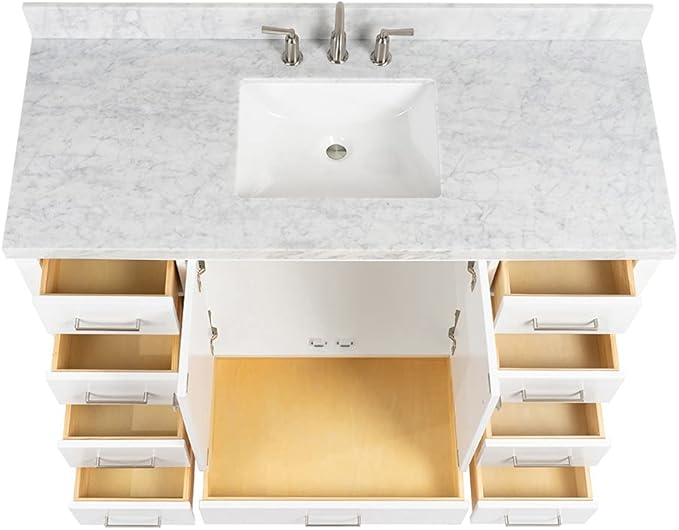ARIEL Cambridge 54-inch Bathroom Vanity with Sink,Solid Wood, 1.5-inch Italian Carrara Marble Countertop, Single Rectangular Porcelain Sink, 2 Soft Closing Doors, 9 Dovetail Drawers, White