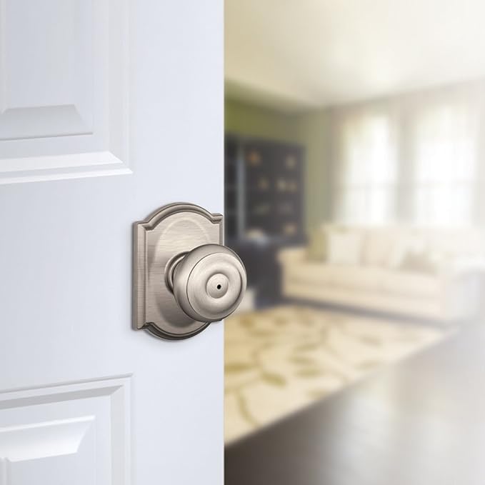 Schlage F40 GEO 619 CAM Georgian Door Knob with Camelot Trim, Bed & Bath Privacy Lock, Satin Nickel