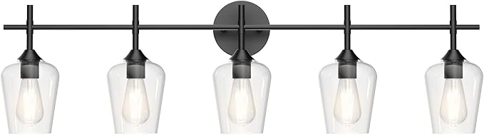 Ralbay Vintage Black Bathroom Vanity Light 5-Lights Industrial Matte Black Finish with Clear Glass Vanity Lights Farmhouse Bathroom Lighting fixtures