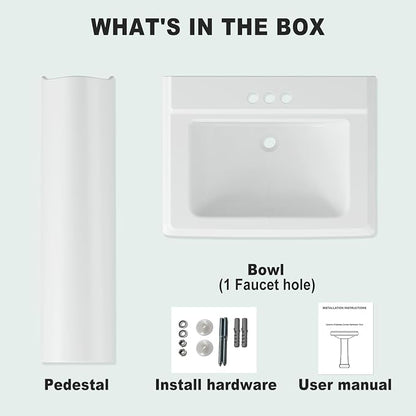 Bathroom Pedestal Sinks,Rectangular Pedestal Sink 26" W X 20" D Modern White Ceramic Bathroom Sink With Overflow and 3 Pre-Drilled Holes - Fits 4-Inch Faucets