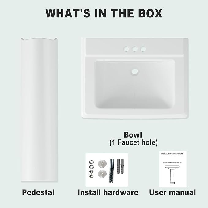 26 X 20 Inch Bathroom Pedestal Sink, Rectangular Ceramic Pedestal Bathroom Sink,White Porcelain Vanity with 3 Faucet Holes (4" Centers) & Overflow