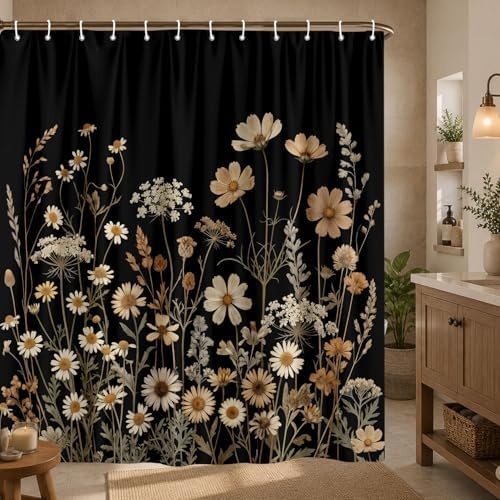 Black Floral Shower Curtain, Dark Daisy Wildflower Botanical Shower Curtain For Bathroom, Vintage Rustic Farmhouse Beige Flower Plant Fabric Cottagecore Boho Bath Curtain with 12 PCS Hooks 72X72 Inch