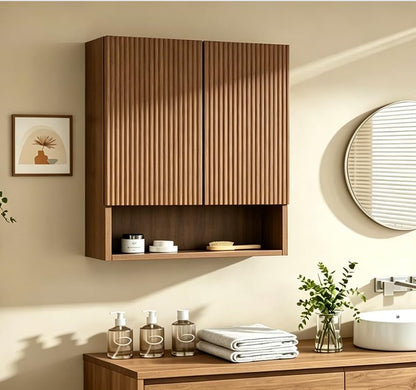 USHOWER Dark Walnut Bathroom Wall Cabinet with Fluted Doors & Open Shelf