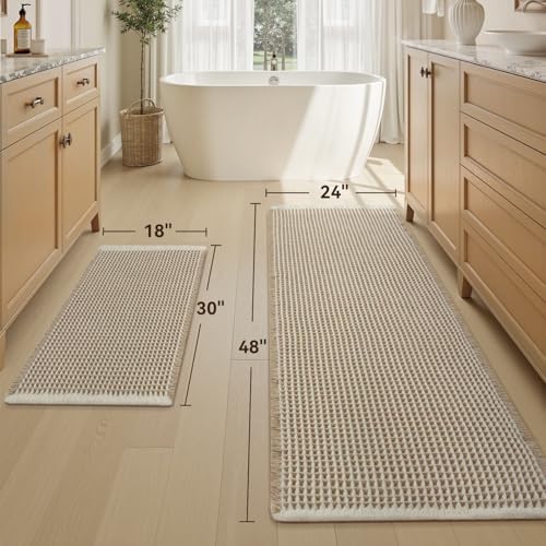 Upgraded Waffle Bath Mat Set of 2 Absorbent Bathroom Mat 18"x30" + 24"x48"