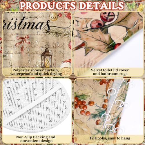 FuWeave 8 Pcs Vintage Christmas Shower Curtain Set for Bathroom Decor Include Santa Snowman Reindeer Gingerbread Shower Curtain Towels Non Slip Rugs Toilet Lid Cover Bath Mat and 12 Hooks