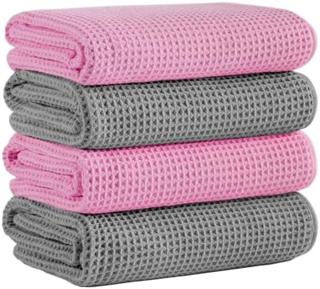 Microfiber Waffle Bath Towels, 4 Pieces, Soft, Absorbent, Fast Drying, Lint Free 430 GSM (27''x55''/68.58 cm x139.7 cm) (Gray+Pink)