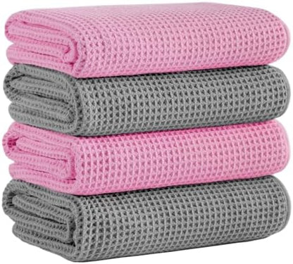 Microfiber Waffle Bath Towels, 4 Pieces, Soft, Absorbent, Fast Drying, Lint Free 430 GSM (27''x55''/68.58 cm x139.7 cm) (Gray+Pink)