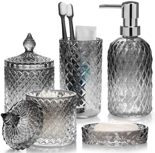 Bathroom Accessories Set, 5Pcs Gradient Glass Bath Accessory Sets Complete, Glass Bathroom Accessories with Soap Dispenser, Soap Dish, Toothbrush Holder, Qtip Holder