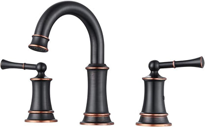 Rustic Oil Rubbed Bronze Bathroom Faucet, 360° Rotatable Spout, 2 Handles, 3 Hole Widespread, Pop Up Drain & Supply Lines Included, Antique Style (L2304-ORB)