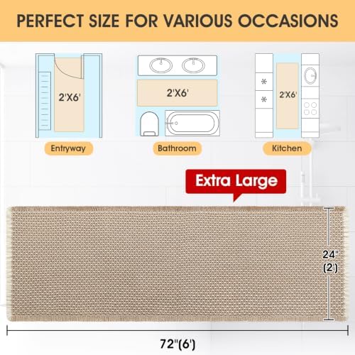 IM HOME Extra Large Waffle Bath Mat Beige & White 6'x2'(72" x 24"), Boho Woven Modern Bath Mat Rugs, Absorbent Non Slip Bathroom Rugs, Soft Washable Bath Rugs with Tassels for Bathroom