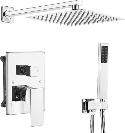 Rain Shower System Set with 10 Inch Large Shower Head High Pressure 2 Function Recessed Shower Valve Mixer Chrome Surface for Bathroom Remodel, Chrome