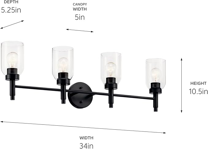 Kichler Madden 4-Light Vanity with Clear Glass in Black, Sloped Ceiling Compatible, for Single or Double Vanity in Bathroom (10.5" x 34"), 55186BK