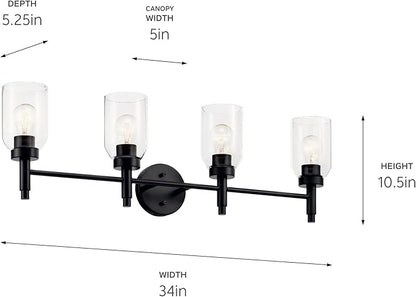 Kichler Madden 4-Light Vanity with Clear Glass in Black, Sloped Ceiling Compatible, for Single or Double Vanity in Bathroom (10.5" x 34"), 55186BK