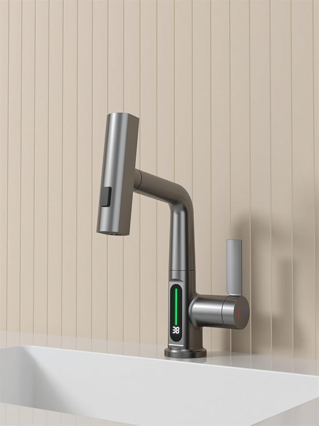 Bathroom One Hole Sink Basin Faucet with Waterfall Pull Down Sprayer,Vanity Single Handle 1 Hole RV Kitchen Pull Out Faucet with Rainfall Spray Head Temperature Digital Display Mixer Tap Grey