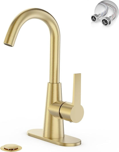 Phiestina Brushed Gold Single-Handle 4 Inch Bathroom Sink Faucet with Deck Plate and Supply Hoses, Bar Sink Faucet/Pre-Kitchen Sink Faucet with 360 Degree Rotation Spout, WE10-BG