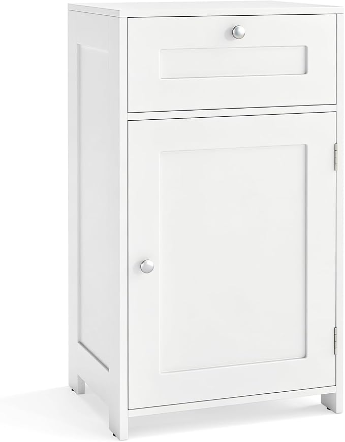 GIANTEX Floor Bathroom Storage Cabinet with Door and Drawer (White) | Freestanding Cabinet with Adjustable Shelf, Anti-tipping Device, Storage Organizer for Bathroom, Living Room, Bedroom