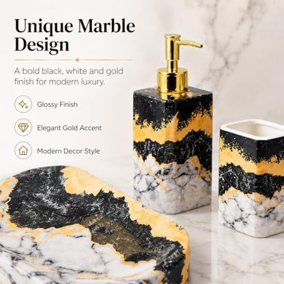 4 Piece Bathroom Accessories Set - Black and White Includes Lotion Dispenser, Toothbrush Holder Tumbler, and Soap Dish - Glossy Finish (Marble, Black, and White)