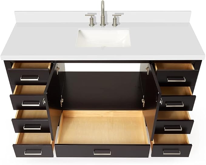 ARIEL Cambridge 60-inch Bathroom Vanity with Sink,Solid Wood, 1.5-inch Pure White Quartz Countertop, Single Rectangular Porcelain Sink, 2 Soft Closing Doors, 9 Dovetail Drawers, Espresso