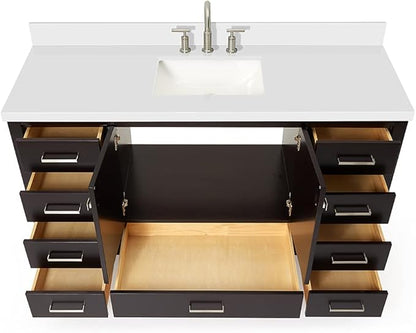 ARIEL Cambridge 60-inch Bathroom Vanity with Sink,Solid Wood, 1.5-inch Pure White Quartz Countertop, Single Rectangular Porcelain Sink, 2 Soft Closing Doors, 9 Dovetail Drawers, Espresso
