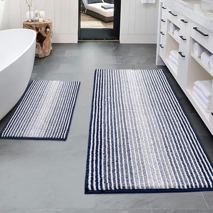 BSICPRO Bathroom Rugs Sets 2 Piece, Non Slip Striped Bath Mats, Navy